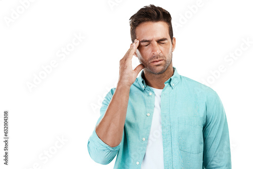 Konstfotografi Tired, stress or man with headache, anxiety or burnout isolated on transparent png background