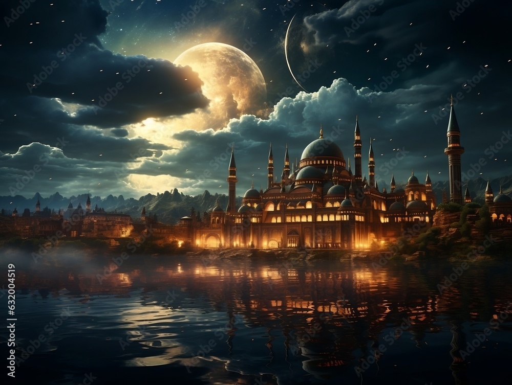 Beautiful islamic mosque with night moon sky and cloud photo wallpaper generative ai