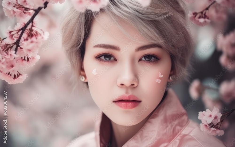 Beautiful woman with sakura flowers