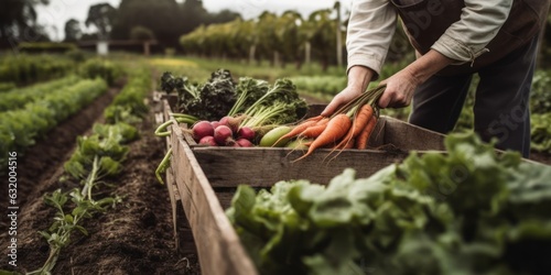 Anonymous chef harvesting fresh vegetables on a farm photo