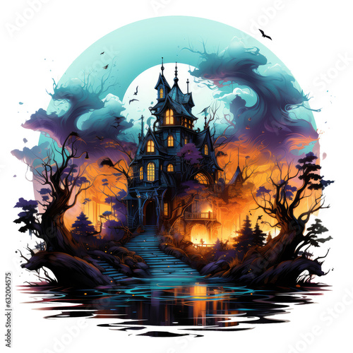 A Halloween haunted house t-shirt design set in a haunted hotel, with the haunted house transformed into a creepy, Generative Ai