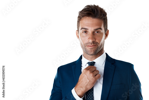 Fotografia Portrait of confident businessman fixing tie with smile and broker isolated on transparent png background