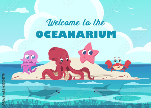 Oceanarium banner. Cute animals, octopus, starfish and crab. Funny wild creatures. Cartoon isolated collection of colorful characters living in ocean, sea adorable habitats. Vector set