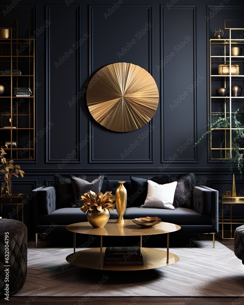 Fototapeta premium High-end living room luxury interior in black and gold color