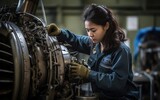 Female aerospace engineering checking aircraft engines