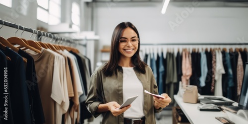 Happy clothing store owner using a tablet to manage her small business