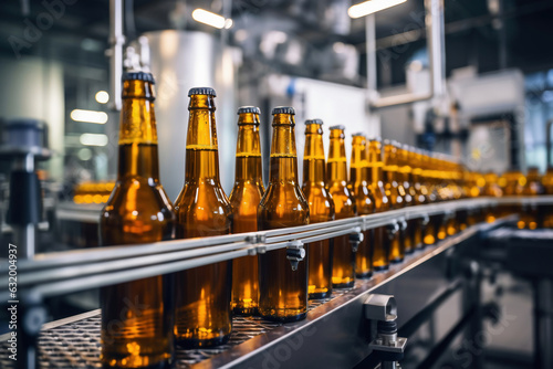 Factory for the production of beer. Brewery conveyor with glass beer drink alcohol bottles, modern production line. Blurred background. Modern production for bottling drinks. Selective focus.