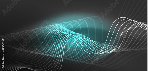 Shiny glowing neon wave. Neon light or laser show, electric impulse, power lines, techno quantum energy impulse, magic glowing dynamic lines