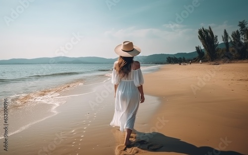 Happy traveller woman in white dress and hat standing on beautiful tropical sandy beach