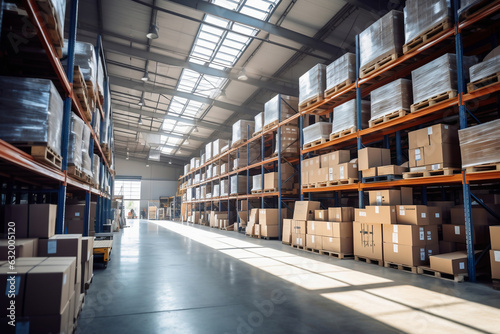 Interior of a modern warehouse. Large space for storing and moving goods. Logistics. Trade in the modern world.