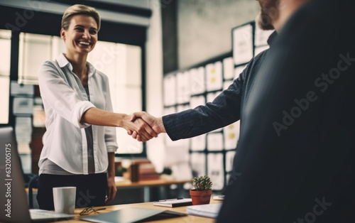 New business partners shaking hands in an office