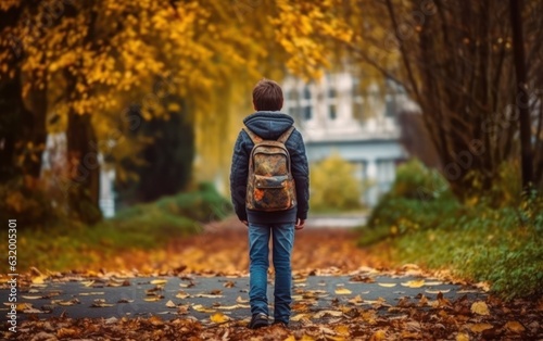 Teenager boy with backpack walking on path in autumn park, rear view