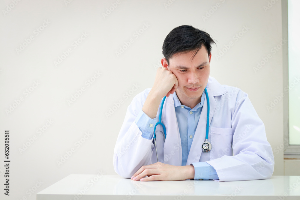 Portrait of a stressed Asian male doctor sitting at his desk. Depression in medicine, reduce stress. health concept. copy space Portrait of a stressed Asian male doctor sitting at his desk. Depression in medicine, reduce stress. health concept. copy space