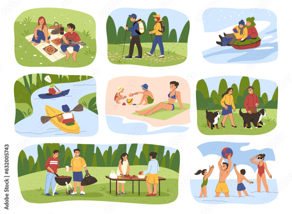 People in nature. Beach or park relax. Forest hiking. Mountain river rafting. Family adventure. Happy winter or summer vacation. Parents play with kids. Vector outdoor activities set