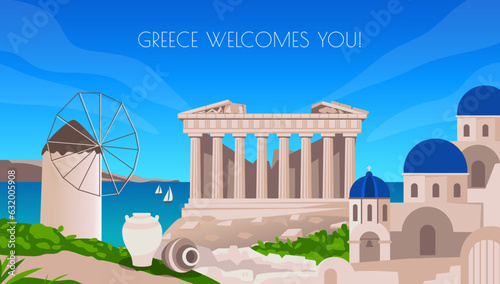 Greek tourism. Greece welcome poster. Ancient temple. City landmark. Antique Europe buildings. Map with architecture and sea. Windmill and old amphora. Vector vacation banner design
