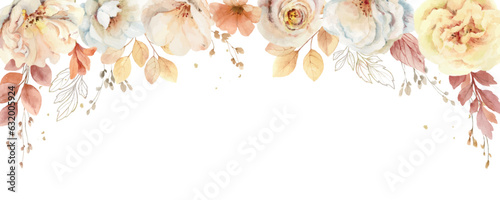 Watercolor vector fall foliage banner with soft light blush roses and leaves.