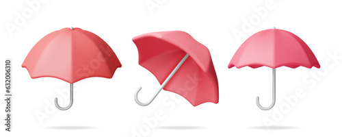 3D Classic Red Umbrella Set Isolated on White. Render Collection of Umbrella Personal Accessory. Protection from Rain, Insurance Symbol. Realistic Vector illustration