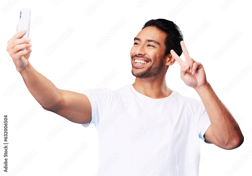man-smile-and-peace-for-selfie-isolated-on-a-transparent-png