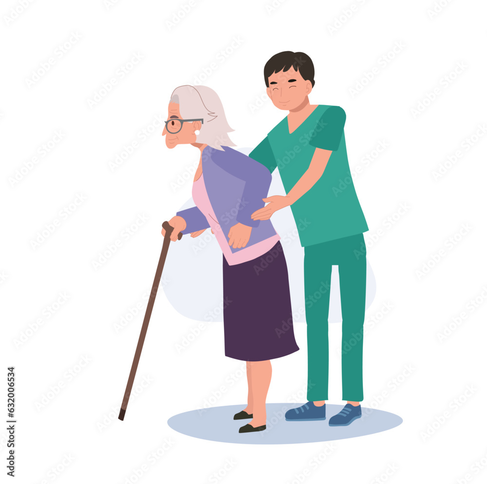 Healthcare Concept. Elderly Grandmother Walking Assistance by Happy Male Nurse in Uniform. Flat vector cartoon illustration Healthcare Concept. Elderly Grandmother Walking Assistance by Happy Male Nurse in Uniform. Flat vector cartoon illustration