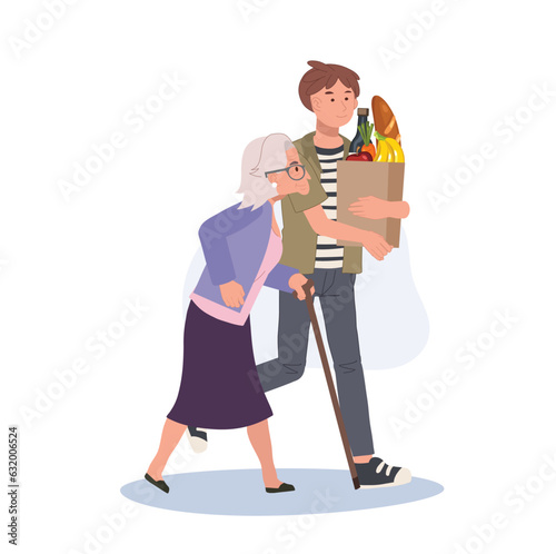 respect for pensioners concpet. Smiling Young man Helps Senior Grandmother Carry Grocery Bag. Smiling caring girl assist senior granny.