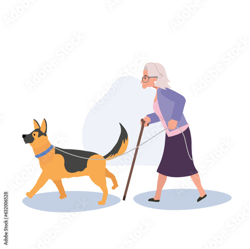 Elderly Woman Walking with Escort Dog. Senior Lady with Cane Stick and Trusty Escort Dog. Flat vector cartoon illustration