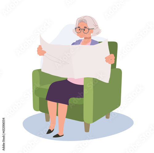 Elderly Woman Enjoying Tranquil Reading of Newspaper on Cozy Couch. Flat vector cartoon illustration