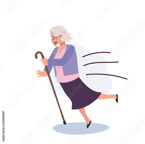 Elderly Woman Stumbling, A senior grandmother slips outdoors. accidental slip. Flat vector cartoon illustration