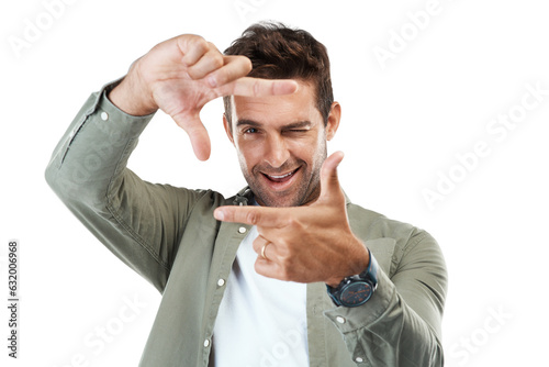 Man, portrait and hands frame for photography, profile picture and winking on isolated, transparent and png background. Face, smile and happy creative photographer with perspective fingers in border photo