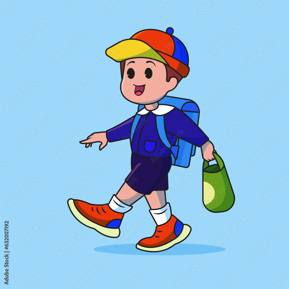 A cute boy goes to school. Isolated people education icon concept Premium Vector. flat cartoon style