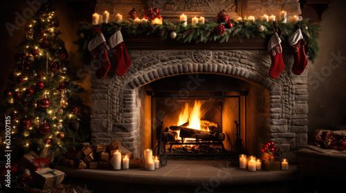 Cozy fireplace with stockings and holly 
