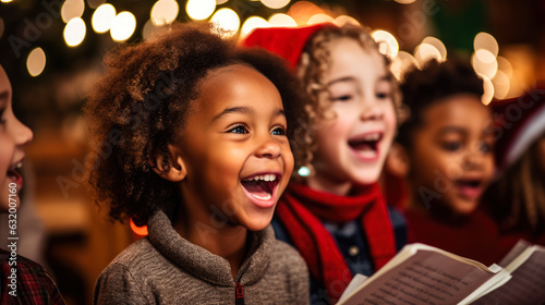 Enthusiastic carolers by a decorated Christmas tree  photo