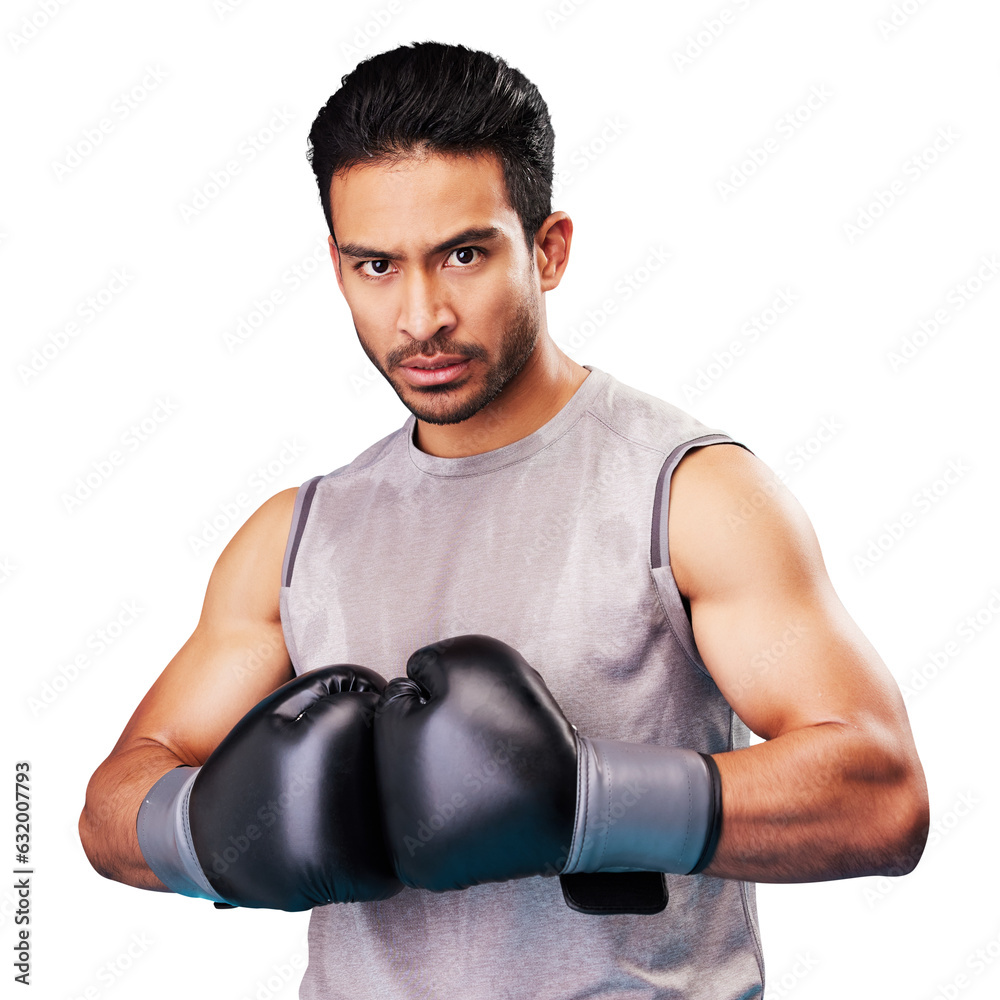 Isolated angry man, portrait and boxing with gloves, fist and frustrated by transparent png background. Young athlete guy, boxer and ready for training fight, competition and challenge for fitness
