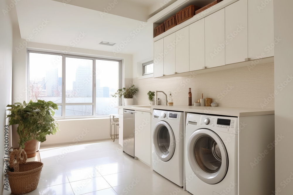 Interior clean white laundry room with front load washer and dryer units , Generative Ai Technology - obrazy, fototapety, plakaty 