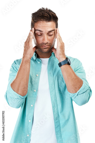 Migraine, fatigue or man with headache stress, brain fog or burnout isolated on transparent png background. Exhausted, tired face or dizzy person frustrated or worried by head pain, anxiety or crisis photo