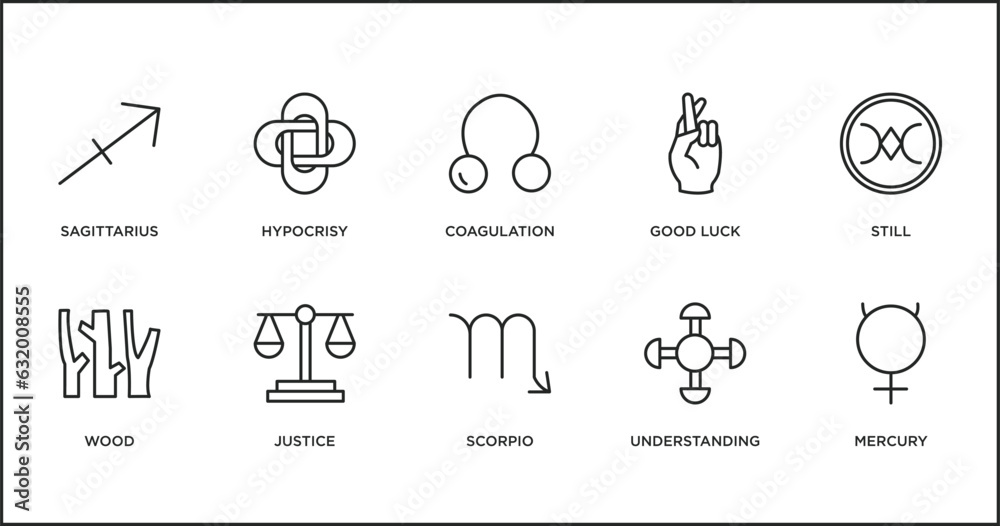 zodiac outline icons set. thin line icons such as coagulation, good luck, still, wood, justice, scorpio, understanding vector.