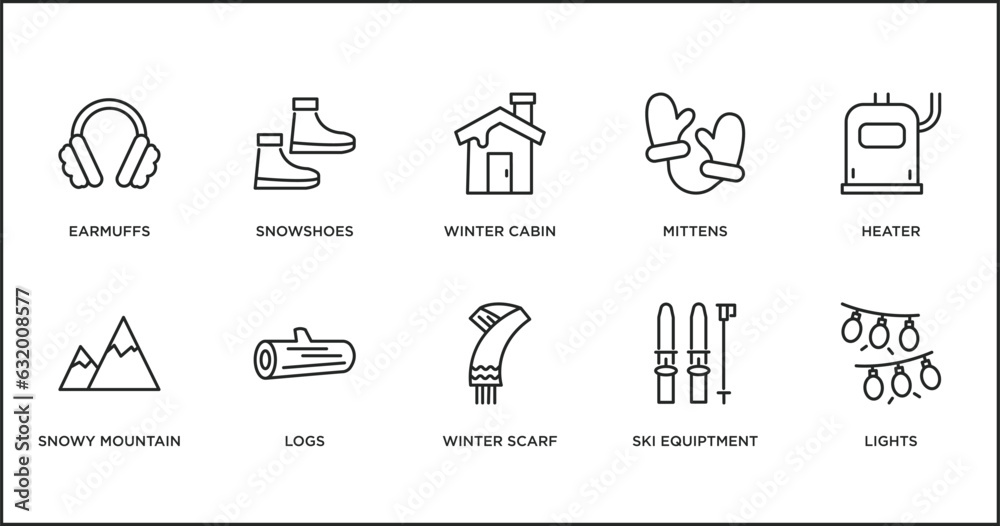 winter outline icons set. thin line icons such as winter cabin, mittens, heater, snowy mountain, logs, winter scarf, ski equiptment vector. winter outline icons set. thin line icons such as winter cabin, mittens, heater, snowy mountain, logs, winter scarf, ski equiptment vector.