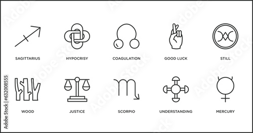zodiac outline icons set. thin line icons such as coagulation, good luck, still, wood, justice, scorpio, understanding vector.