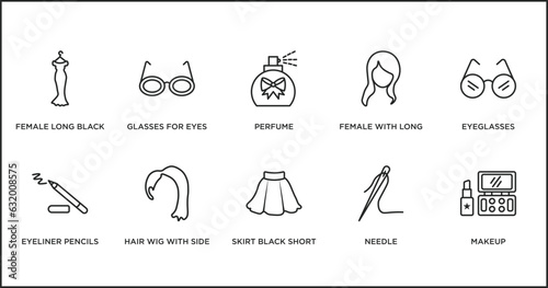 woman clothing outline icons set. thin line icons such as perfume, female with long hair, eyeglasses, eyeliner pencils, hair wig with side, skirt black short, needle vector.