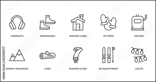 winter outline icons set. thin line icons such as winter cabin, mittens, heater, snowy mountain, logs, winter scarf, ski equiptment vector.