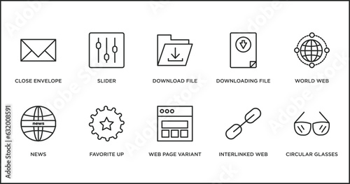 web outline icons set. thin line icons such as download file, downloading file, world web, news, favorite up, web page variant, interlinked vector.