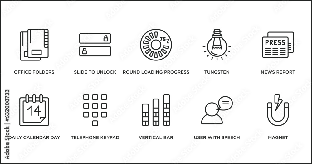 user interface outline icons set. thin line icons such as round loading progress, tungsten, news report, daily calendar day 14, telephone keypad, vertical bar, user with speech bubble vector.