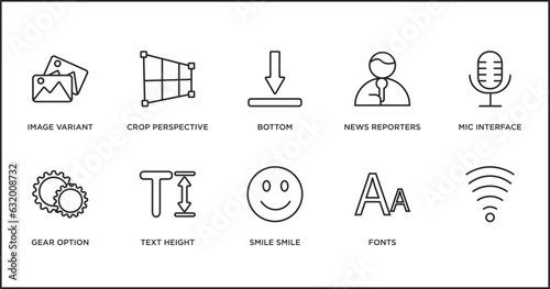 user interface outline icons set. thin line icons such as bottom, news reporters, mic interface, gear option, text height, smile smile, fonts vector.