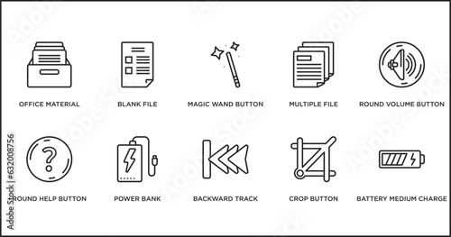 user interface outline icons set. thin line icons such as magic wand button, multiple file, round volume button, round help button, power bank, backward track, crop vector.