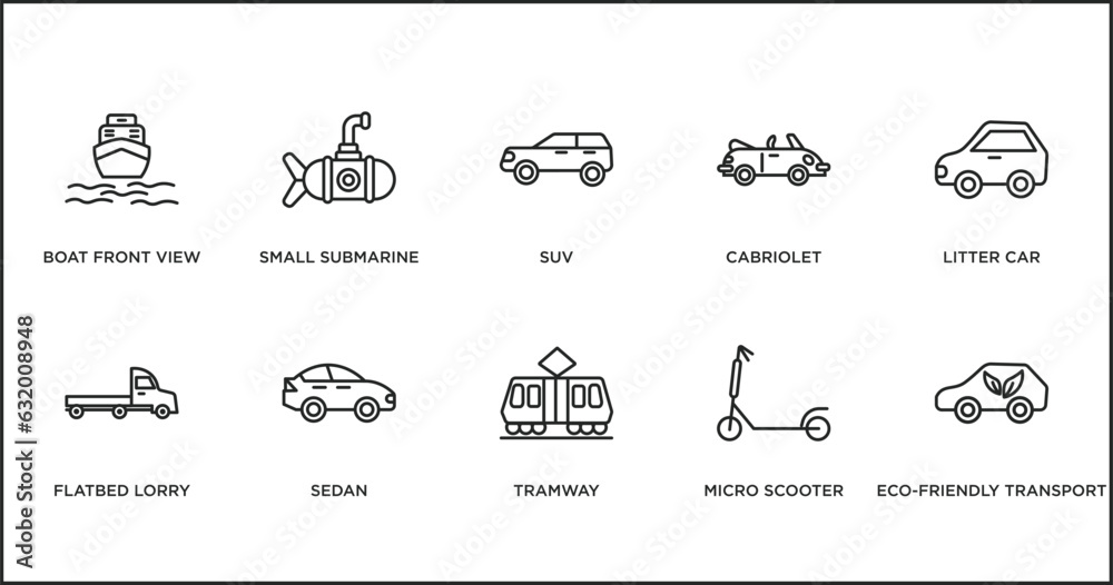 transportation outline icons set. thin line icons such as suv, cabriolet, litter car, flatbed lorry, sedan, tramway, micro scooter vector.