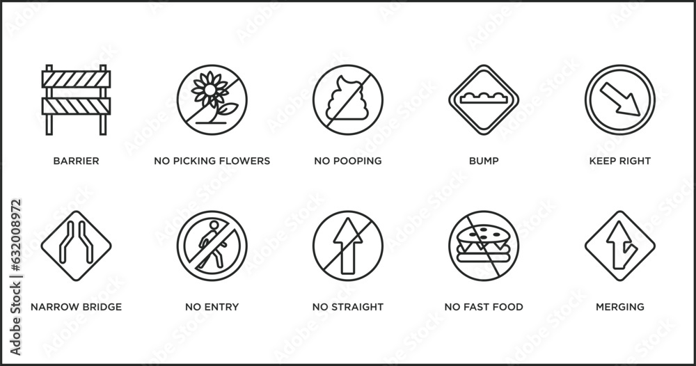 traffic signs outline icons set. thin line icons such as no pooping, bump, keep right, narrow bridge, no entry, no straight, fast food vector. traffic signs outline icons set. thin line icons such as no pooping, bump, keep right, narrow bridge, no entry, no straight, fast food vector.