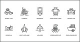 transportation outline icons set. thin line icons such as monorail, tram front view, sports car, gondola, army airplane, airliner, icebreaker ship vector.