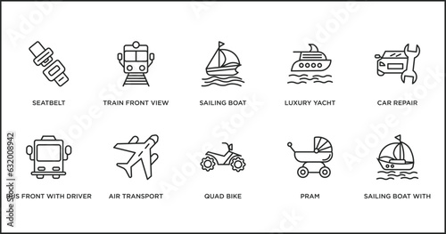transport outline icons set. thin line icons such as sailing boat, luxury yacht, car repair, bus front with driver, air transport, quad bike, pram vector.