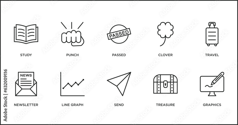 success outline icons set. thin line icons such as passed, clover, travel, newsletter, line graph, send, treasure vector.