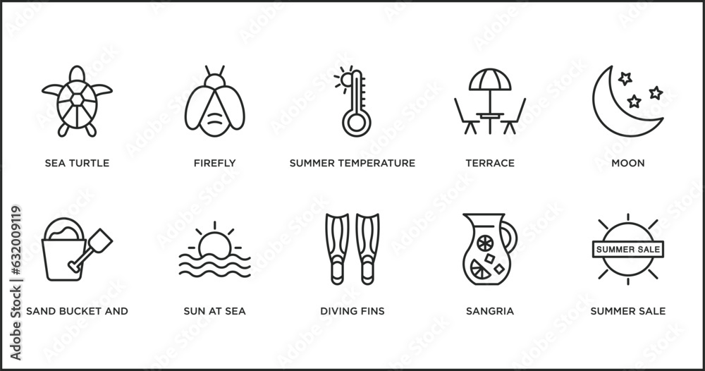 summer outline icons set. thin line icons such as summer temperature, terrace, moon, sand bucket and shovel, sun at sea, diving fins, sangria vector. summer outline icons set. thin line icons such as summer temperature, terrace, moon, sand bucket and shovel, sun at sea, diving fins, sangria vector.
