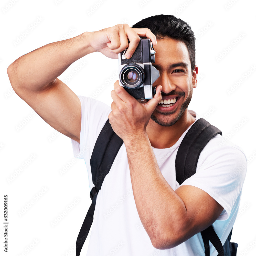 Travel, photographer and smile with portrait of man on png for tourist, holiday and film. Retro, camera and vacation with Asian person isolated on transparent background for vintage and inspiration Travel, photographer and smile with portrait of man on png for tourist, holiday and film. Retro, camera and vacation with Asian person isolated on transparent background for vintage and inspiration
